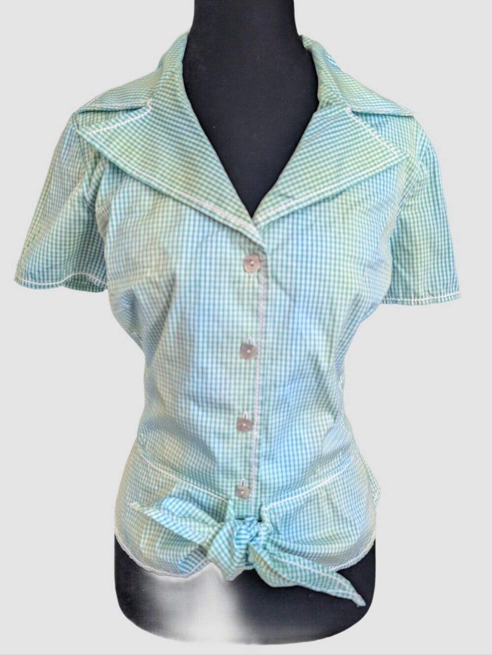 Vintage Carlisle 1950s style tie front button gingham plaid shirt size 8